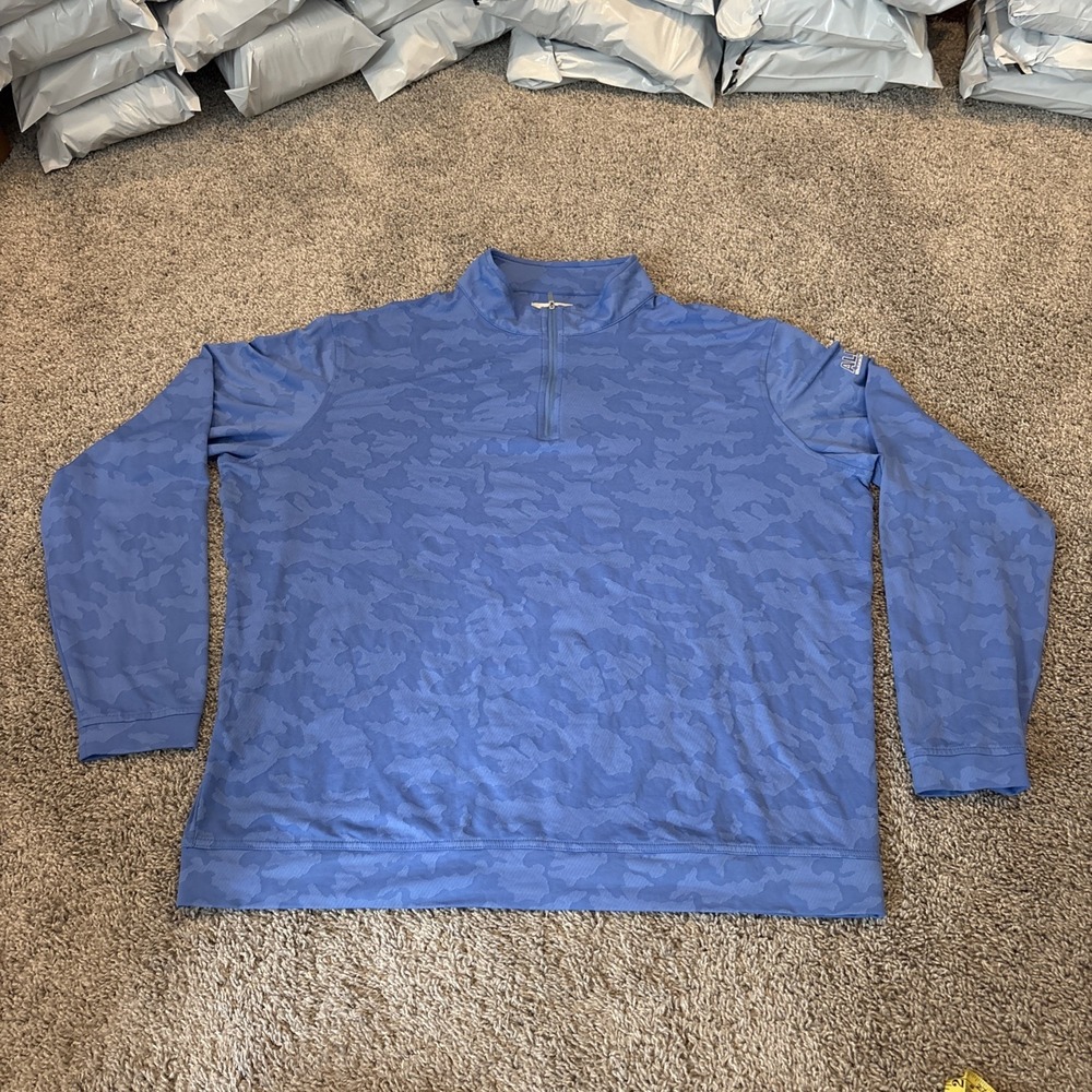 Peter Millar Men's 2XL XXL Blue Perth Tropical Camo Performance 1/4 Zip Logo